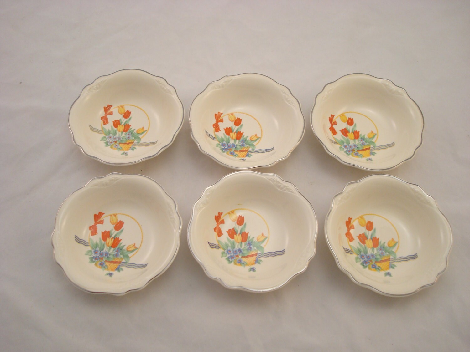 6 Vintage 1940's Homer Laughlin Tulips In a Basket Fruit