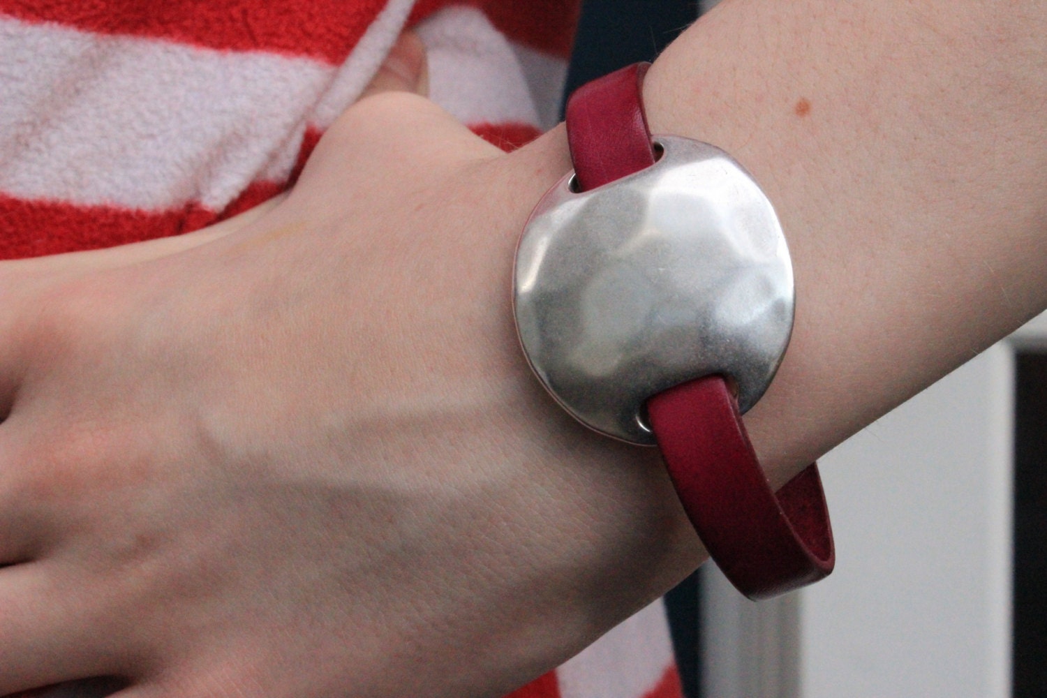 Leather Metal Bracelet Metalwork Jewelry Silver Fuchsia