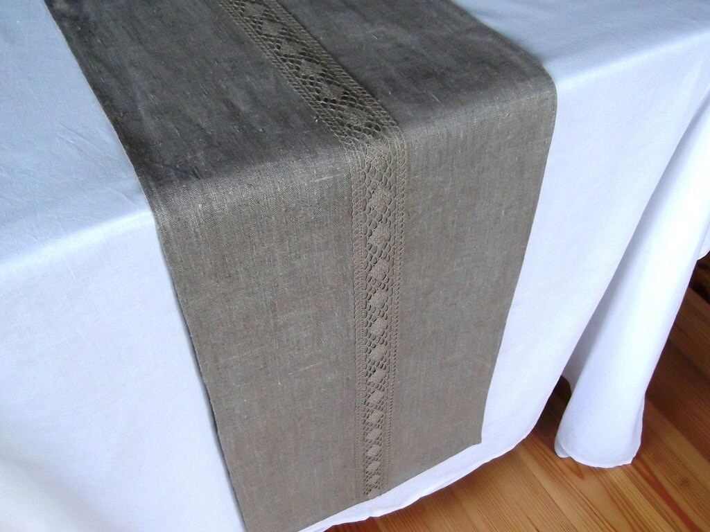 Linen Table Runner with Lace Gray Table Runner Organic