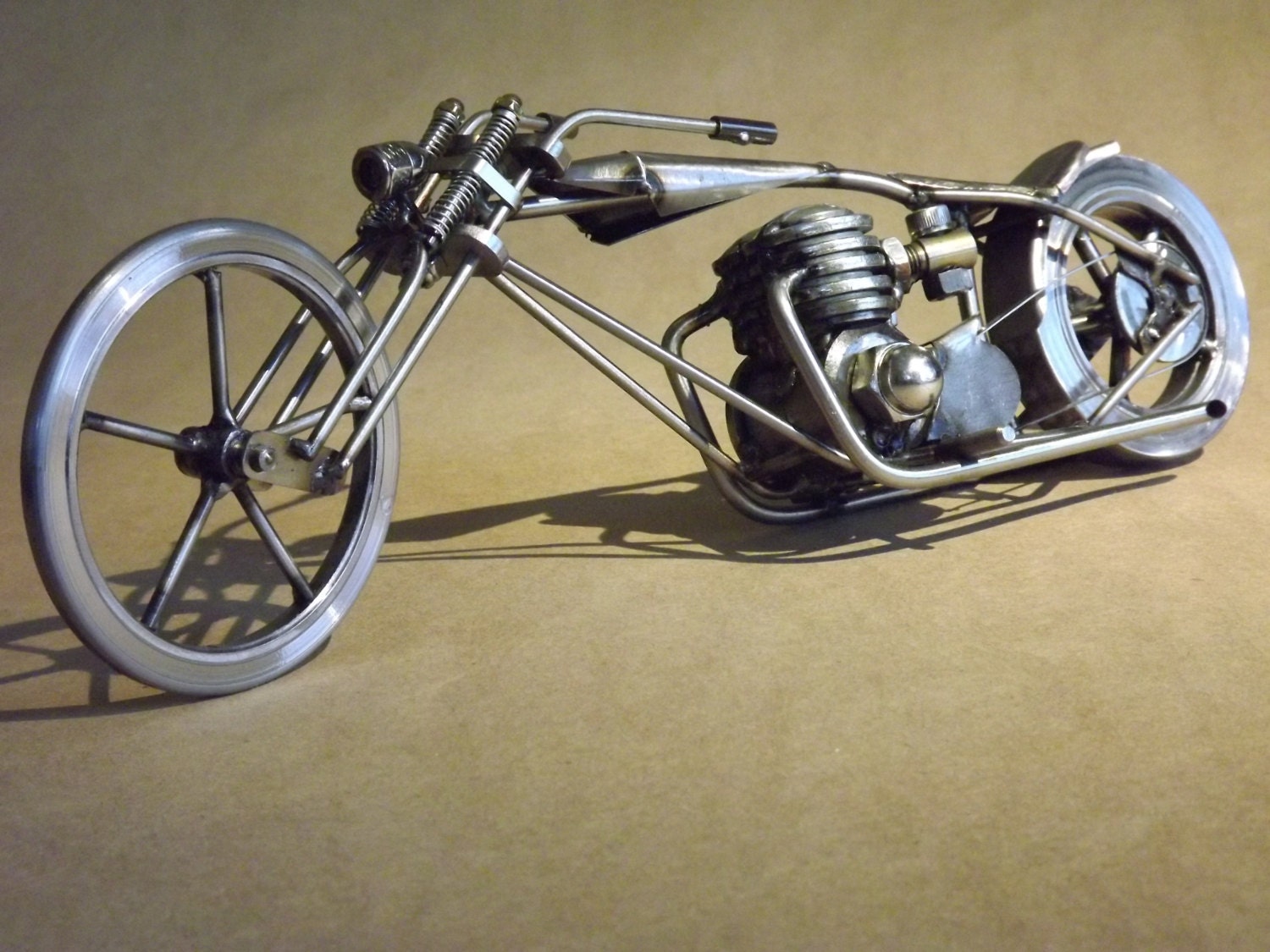 Chopper style motorcycle metal sculpture
