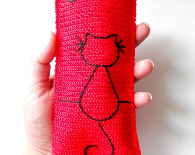 Red Glasses Case, Cat Embroidery, Gift for Cat's Fan, Cat Art, Cat Accessories, Electronics Cases