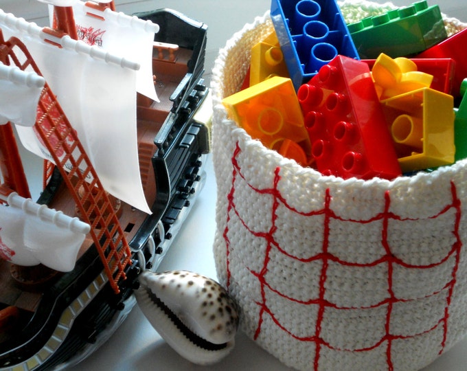 Nautical Decor - White Linen Crochet Basket - Ship Rope Ladder Embroidery - Nautical Nursery - Nautical Storage - Nautical Ban - Ocean Decor