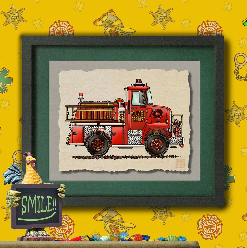 Kid Fire Truck Art volunteer truck Whimsical vehicle print