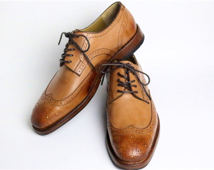 Brogue Men's Dress Shoes,Brown and Brush off,Calfskin Leather,Handmade Goodyear Welted Shoes