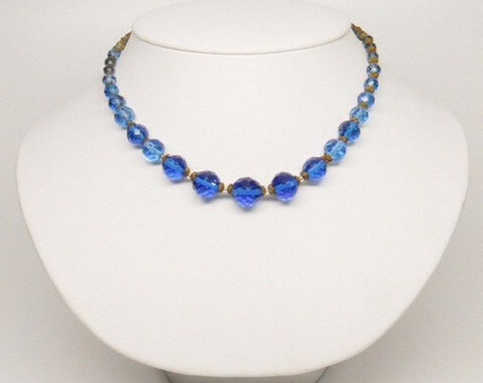 Storewide 25% Off SALE Antique Eshozlovani Graduated Cobalt Blue Czech Glass Designer Necklace Featuring Multi Faceted Transparent Original