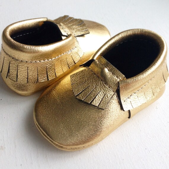 SALE GOLD Leather moccasins with Fringe or Bow by BriellaBo