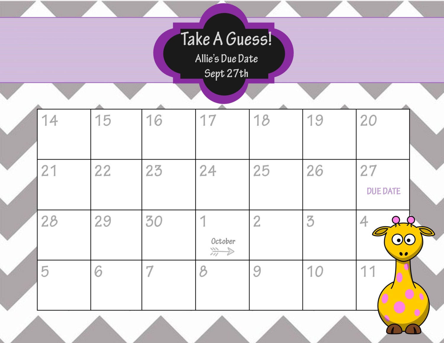 Printable Due Date Calendar // Baby Shower Game // Guess the