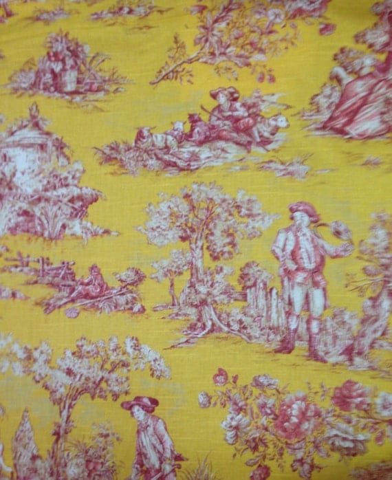 Yellow Pink and White Toile Toile Fabric By The Yard