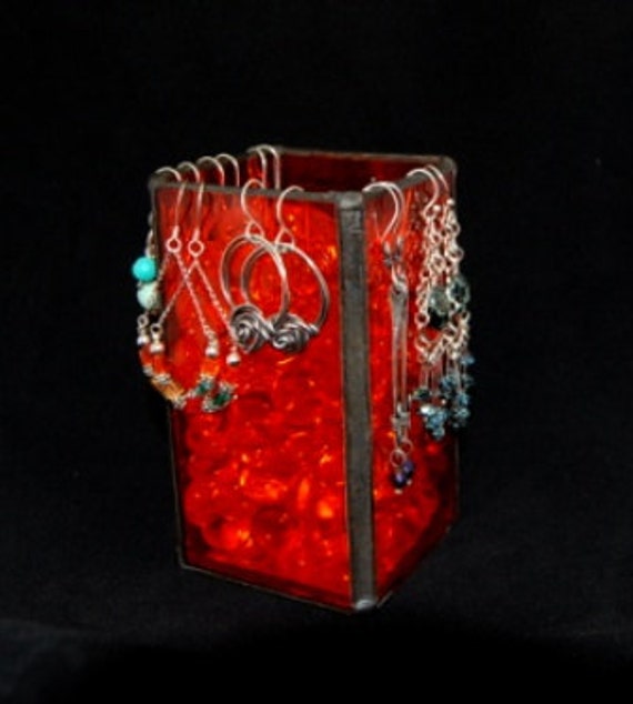Stained glass earring holder made with lead free solder for
