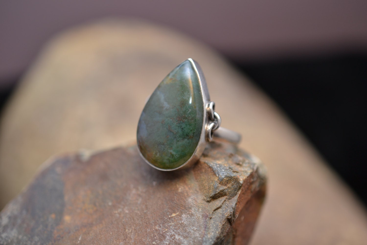 Large Sterling Silver and Moss Agate Teardrop Ring
