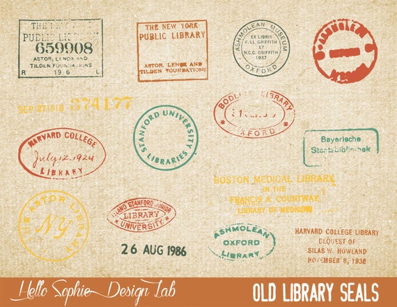 Old Library Seals Clipart | Digital Stamps | Vintage, Retro, Library, Book Lovers Theme | A Set of 30 Stamps + Digital Collage |