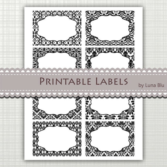 Printable Labels: Black and White Damask digital by Lunabludesign