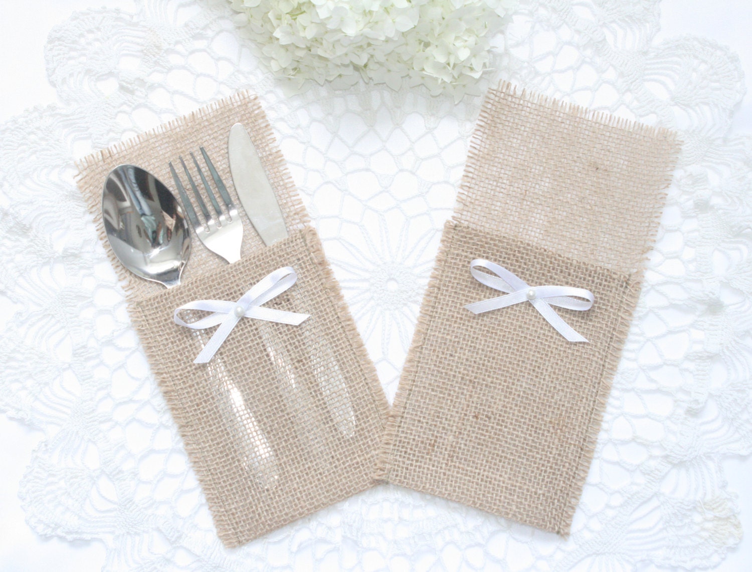 Set of 20Burlap Silverware Holder wish pearl and bow