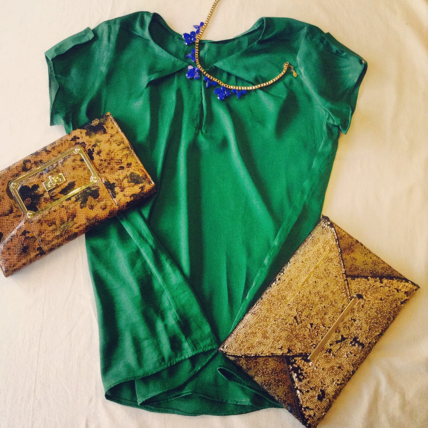 Green silk blouse / green silk top / pleated blouse / emerald