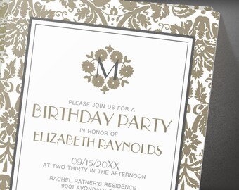 Brown Damask Birthday Party invites