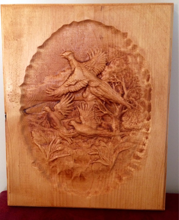 Items similar to Pheasants taking flight wood relief carving on Etsy