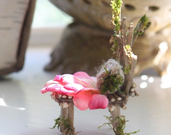 Fairy Bed ~ Woodland Fairy Bed by Olive~ Gerber Quilt and Moss Pillow, Terrarium Accessories, Miniature Garden Handcrafted One of a Kind