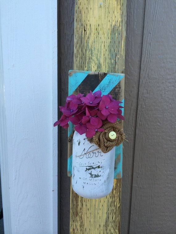 Mason Jar Wall Vase with burlap flower by MasonIt on Etsy
