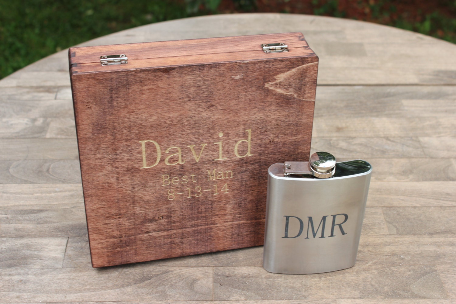 Personalized Engraved Cigar Box with stainless steel flask
