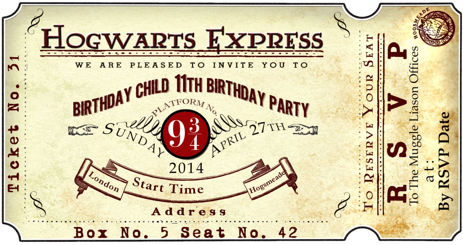 Harry Potter Platform 9 3/4 Train Ticket Birthday Party Invite