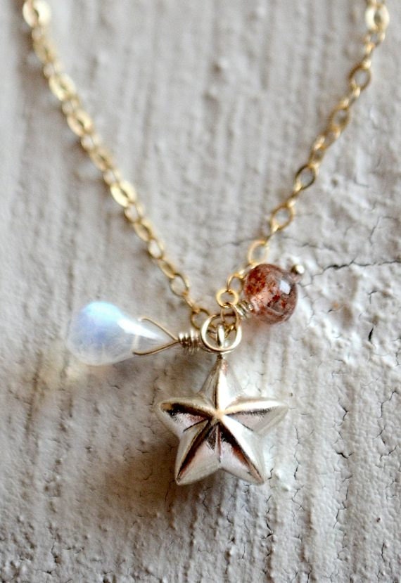 Items similar to Silver star necklace, moonstone necklace, sunstone