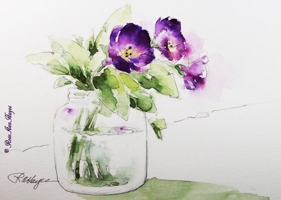 Items similar to Purple Flowers in Glass Jar Print of Watercolor