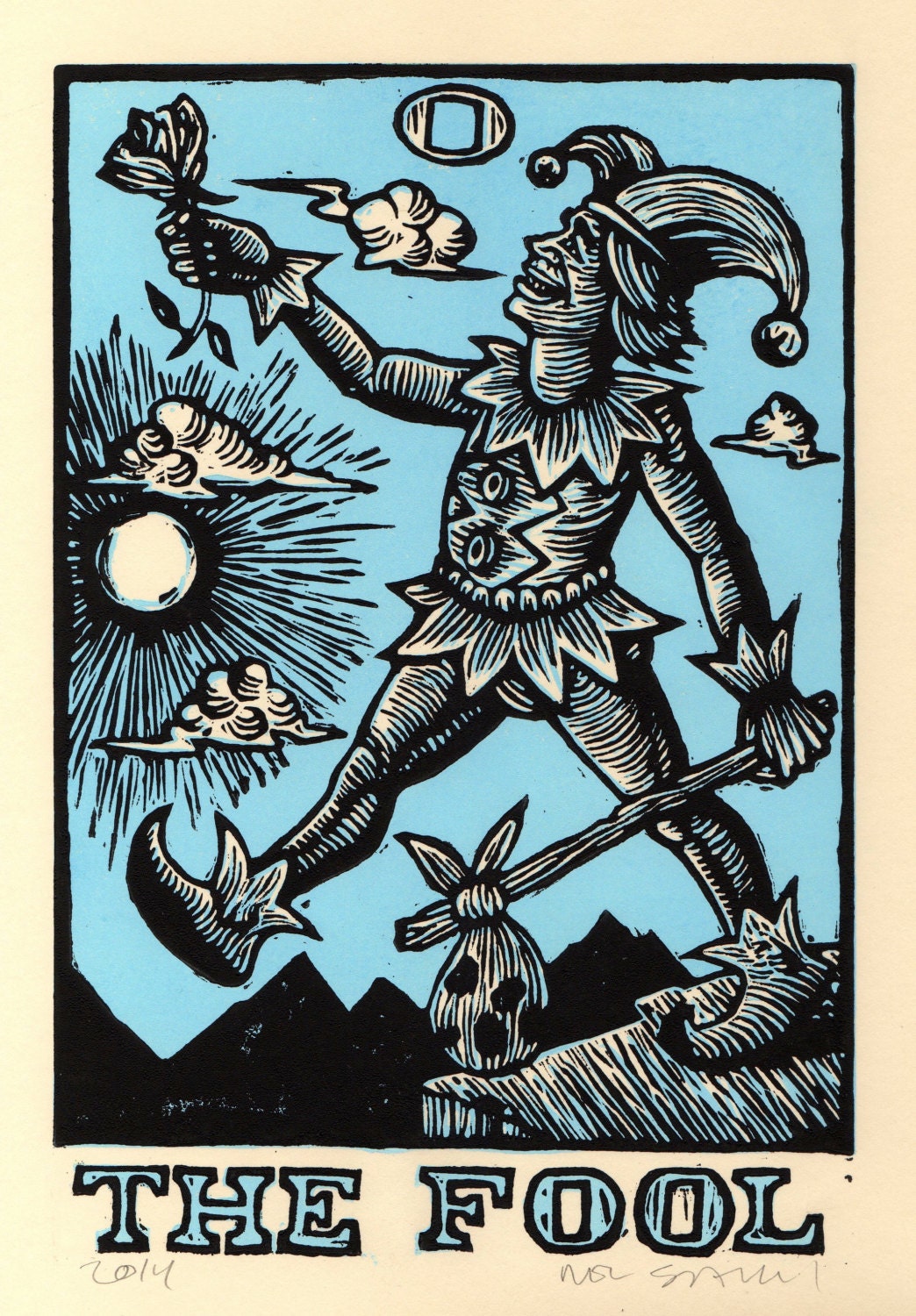 Occult Art Print Fool Tarot Card Linocut Art The by HorseAndHare