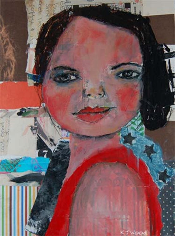 Acrylic Portrait Painting Collage 9x12 Canvas Panel, Original, Colorful, Mixed Media, Look Good, Girl, Black Hair, Orange, Rosy Red Cheeks