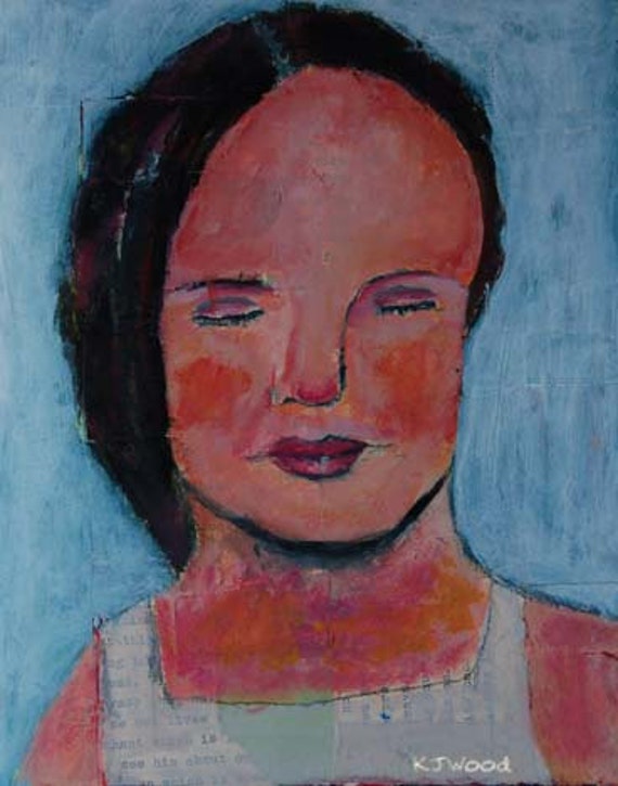 Acrylic Portrait Painting, Collage 8x10, No More Tears, White, Original, Girl, Canvas Panel