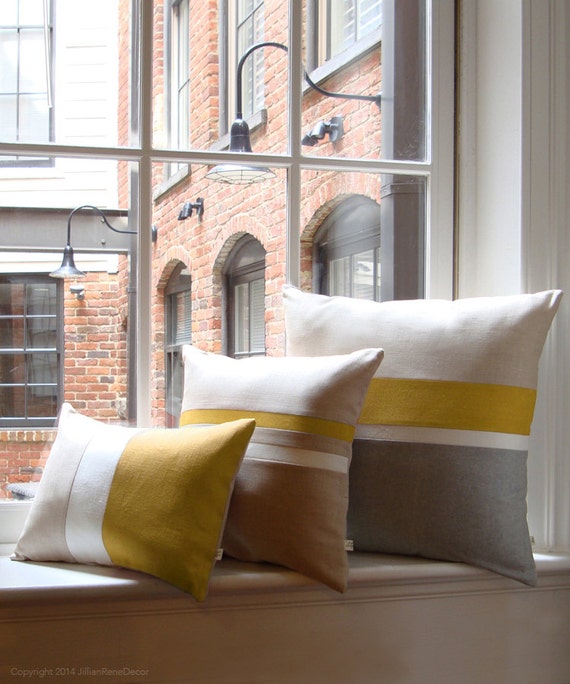 Mustard Yellow & Gray Chambray Striped by JillianReneDecor on Etsy