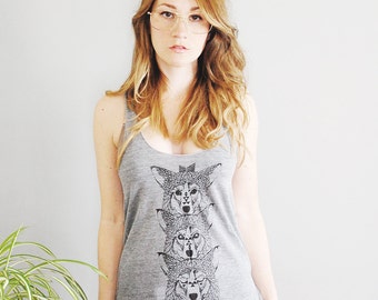 Wolf Totem, womens racerback tank top, wolf printed tank, wolf totem, animal gifts for her, soft jersey tank for her, usa made, Simka Sol