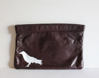 VINTAGE brown CLUTCH with hand painted BIRD
