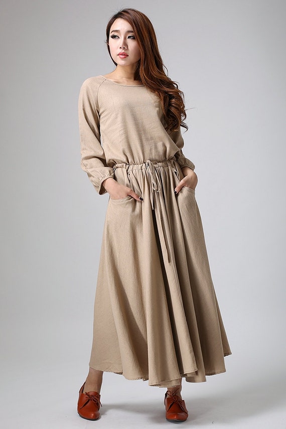 Brown casual maxi linen dress long dress 515 by xiaolizi on Etsy