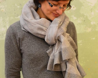 Grey felted scarf, felted wool scarf, nuno felted scarf, gray wool scarf, women scarf