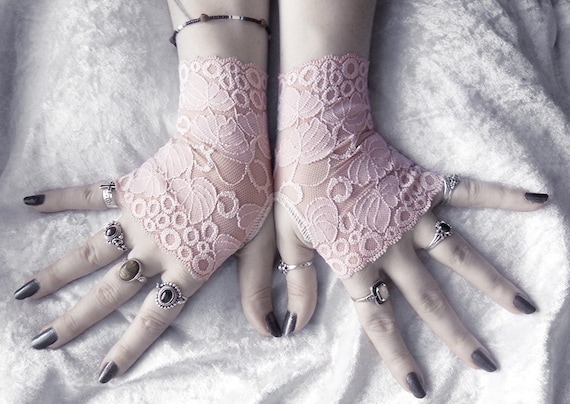 Petiole Lace Fingerless Gloves - Dusty Rose Mauve Leaf Foliage - Wedding Austen Bridal Mori Gothic Victorian Regency Tribal Belly Dance Noir by ZenAndCoffee steampunk buy now online