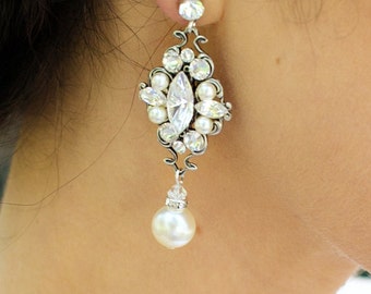 Bridal pearl Earrings bridal Rhinestone earrings Wedding Earrings Chandeliers Earrings swarovski pearl and crystal teardrop earrings GABY