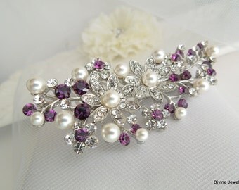 Bridal Purple Swarovski Crystal Pearl Wedding Comb Wedding Hair Accessories Vintage Style Amethyst Leaf Rhinestone Bridal Hair Comb PAMELA