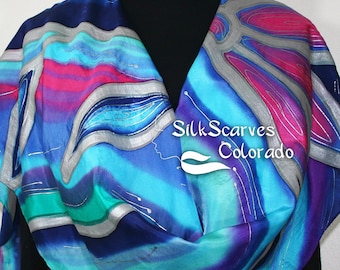 Turquoise, Blue, Pink Hand Painted Silk Scarf EMERALD RIVER-2. Size X-Large 22x72. Bridesmaid Gift. Birthday Gift. Anniversary Gift