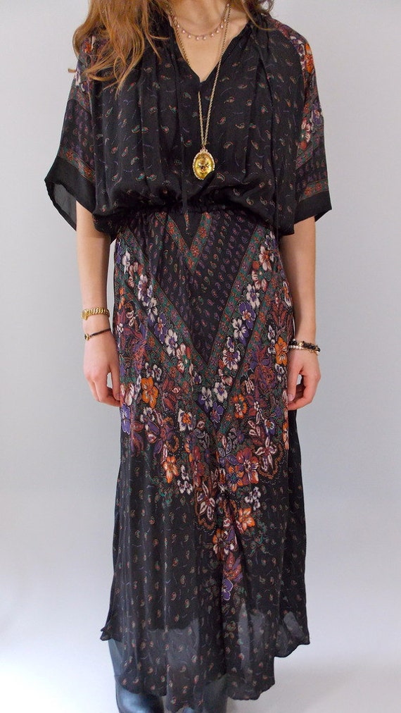 Vintage 1970s Black Bohemian Maxi Dress / 70s Dress