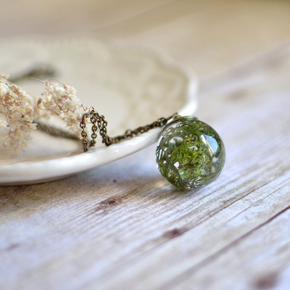 moss necklace resin sphere orb pendant - nature inspired - botanical jewelry terrarium necklace woodland nature necklace, gift under 40