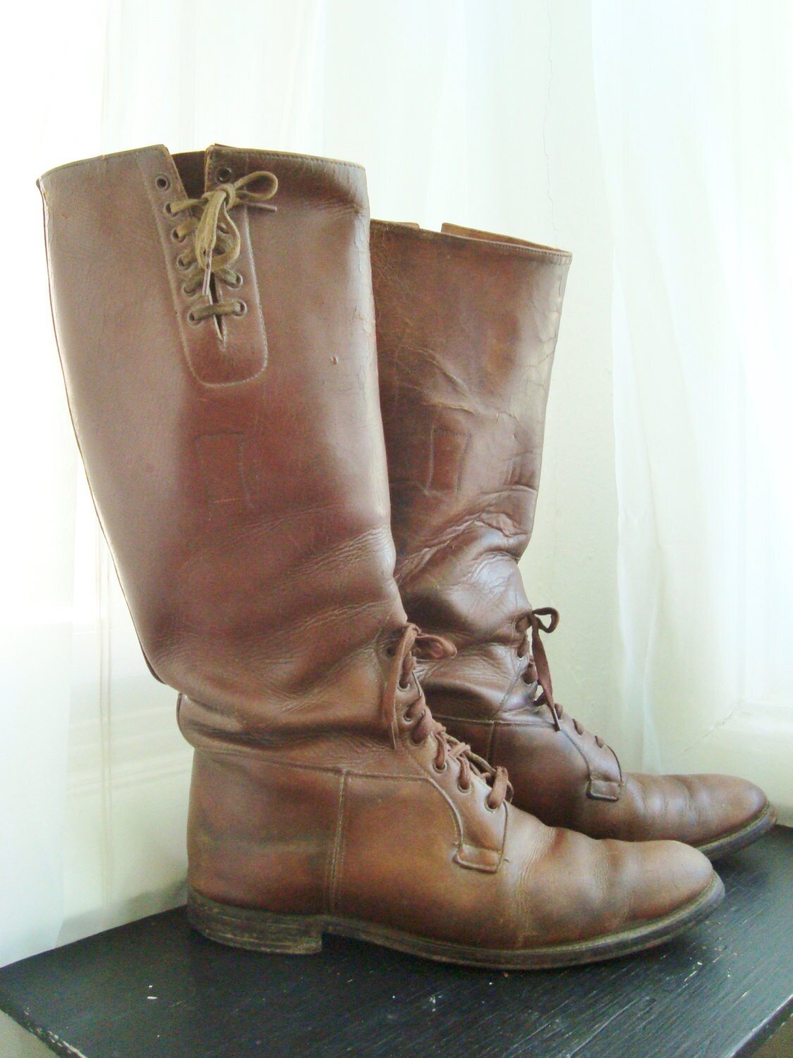 Men's Brown Leather WWI Cavalry Knee High Boots Size 9