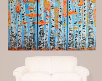 MADE TO ORDER-Orange Coral Autumn Aspen Tree Landscape Art, Multi Panel Triptych Art, MyImaginationIsYours