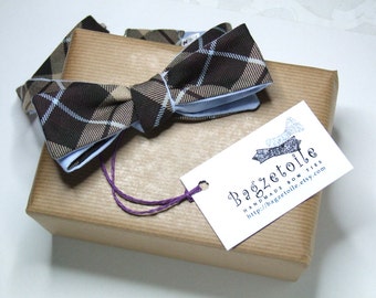 Plaid bow tie, skinny style, for men, brown and pale blue colours self tie adjustable for men