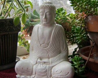 Buddha Statue, White Robed Buddhist Concrete Figure, Meditating Cement Garden Decor