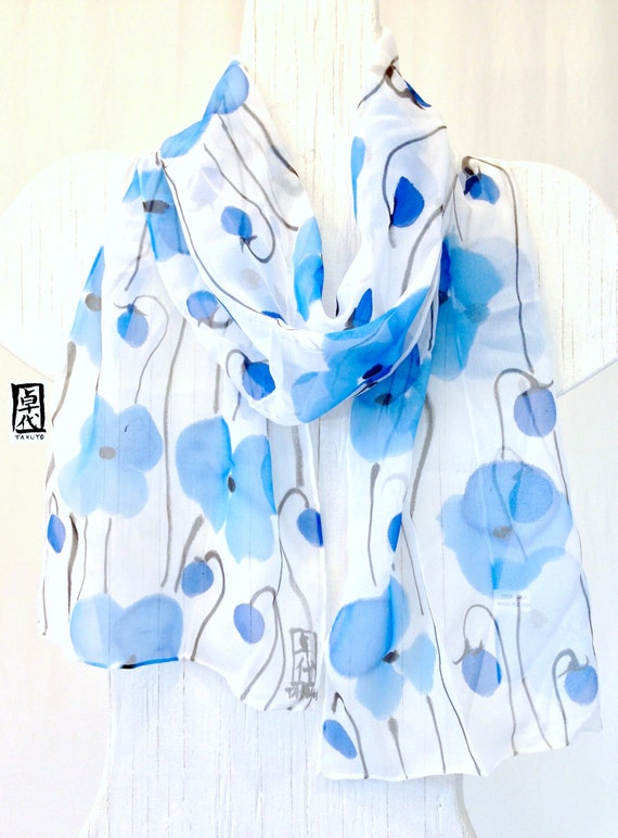 Silk Scarf Hand Painted Gift for her Blue Silk Birthday