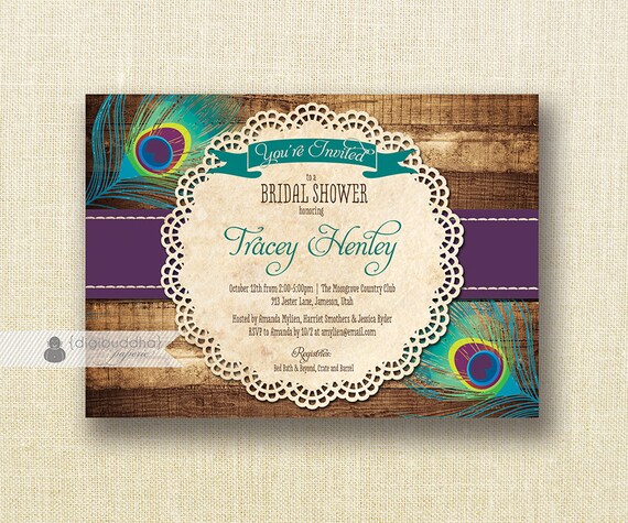 Peacock Bridal Shower Invitation Plum Purple Turquoise Teal Peacock Bridal Shower Invitations Templates