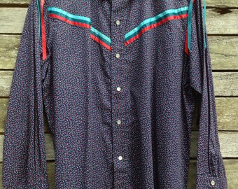 1970's Fabulous Blue Floral and Ribbon Western Shirt