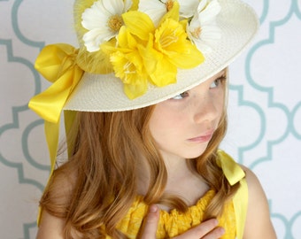 Tea Party Hat -Flower Girl Hat - Easter Bonnet - Child's YELLOW Bonnet - Girls Sun Hat - Girls Cloche - Yellow Tea Party Hat - Wedding Party