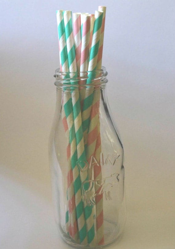 Aqua and Pink Paper Straws, Little girl beach party, Pool Party, Teal and pink baby shower Il_570xn