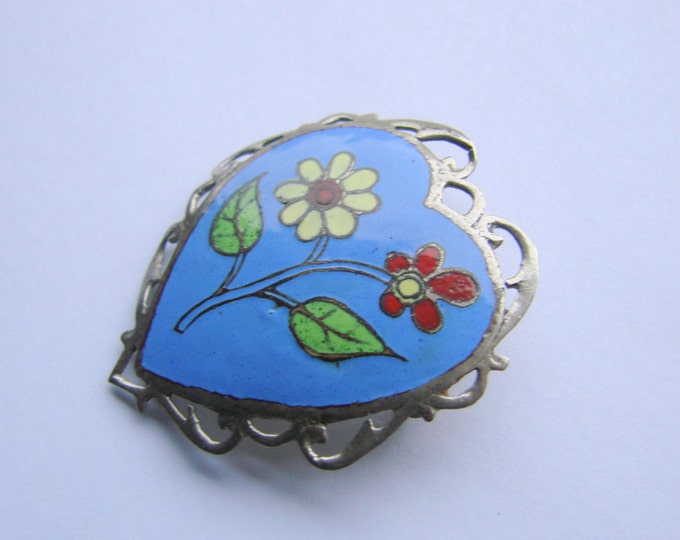 Vintage Siam Sterling Blue Enamel Niello Brooch / Heart Motif / Floral / Jewellery / Jewelry / Jewellery